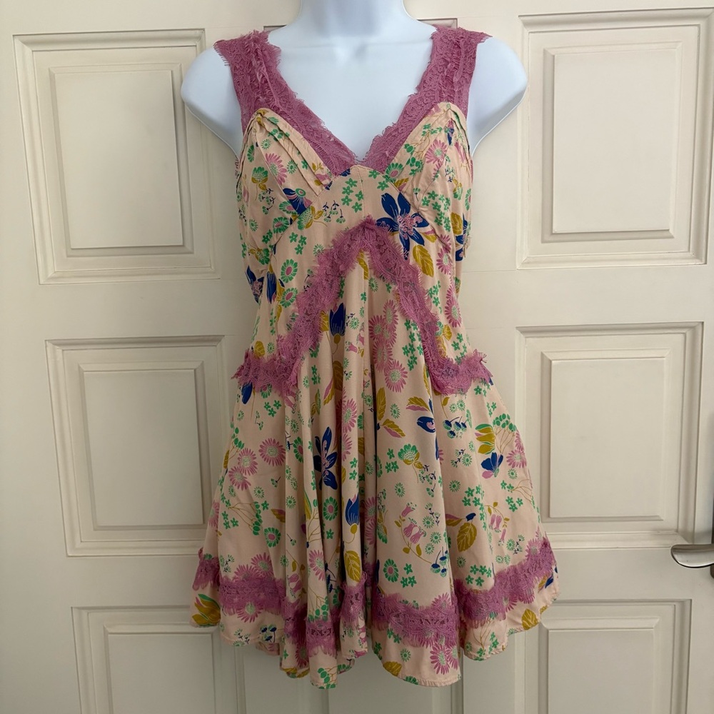 Urban Outfitters Cream Floral Slip Dress with Mauve Lace
